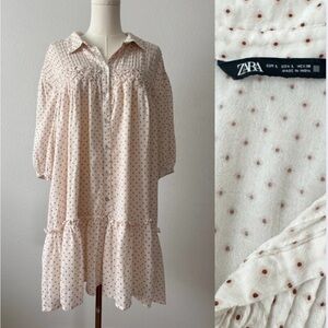 ZARA Polka Dot Button Front Dress Cream Brown Long Sleeve Size L